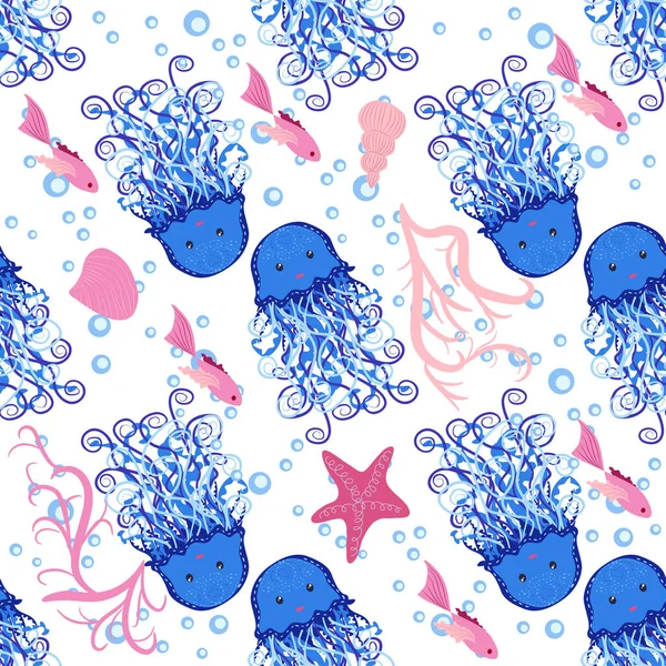 Jellyfish Animals Bright Seamless Patterns Seamless Pattern Detailed Jellyfish Cute — Stock Vector