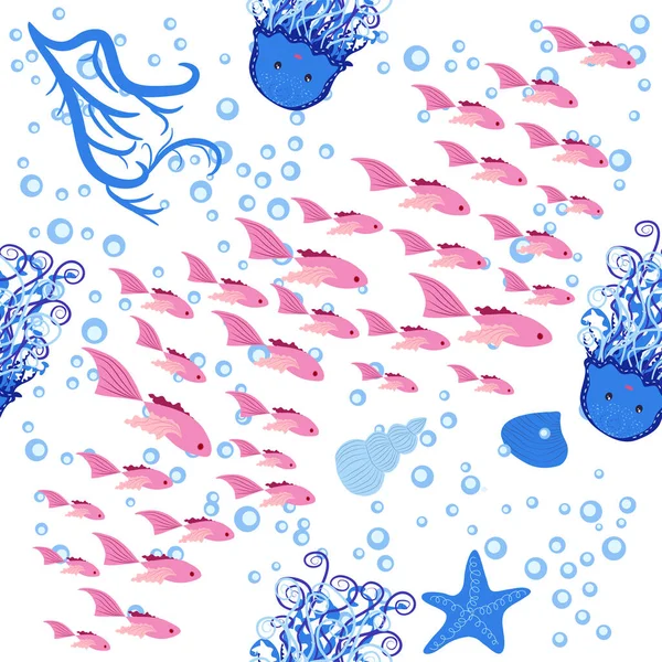 水母动物有鲜明的无缝图案 无缝隙图案 水母细腻 可爱的手绘鱼和水母的涂鸦风格 时髦的育婴室背景 — 图库矢量图片