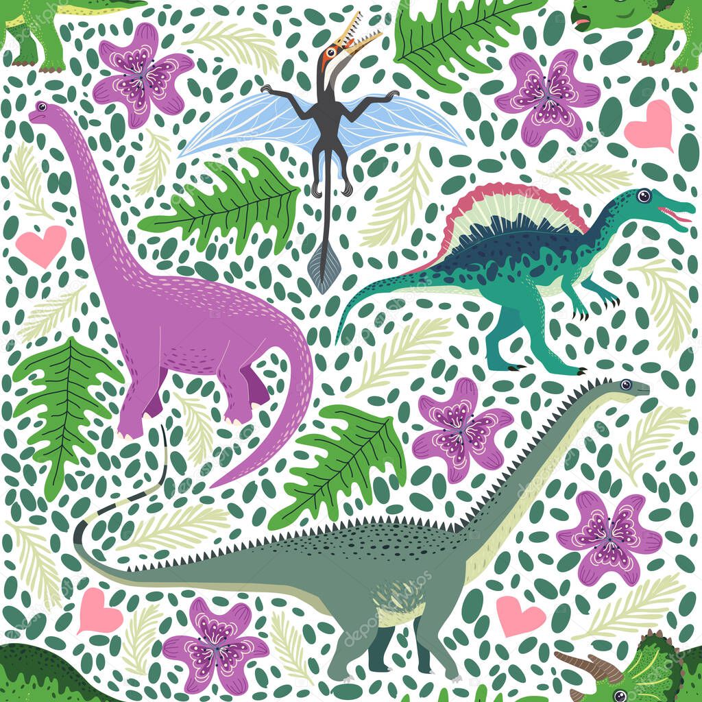 Hand drawn seamless pattern with dinosaurs and tropical leaves and flowers. Perfect for kids fabric, textile, nursery wallpaper. Cute dino design.