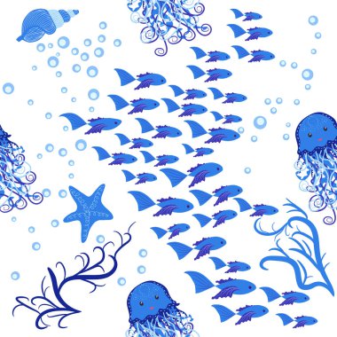 Denizanası, parlak, pürüzsüz desenli. Detaylı denizanasıyla kusursuz desen. Sevimli eller çizilmiş balıklar ve karalama tarzında denizanaları. Moda çocuk odası arka planı.