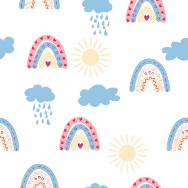 Gökkuşağı renklerinde pürüzsüz desen. İskandinav bebek eli çizimi tekstil ve yeni doğan kıyafetleri için mükemmel..