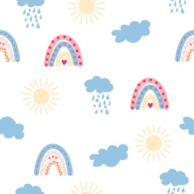 Gökkuşağı renklerinde pürüzsüz desen. İskandinav bebek eli çizimi tekstil ve yeni doğan kıyafetleri için mükemmel..