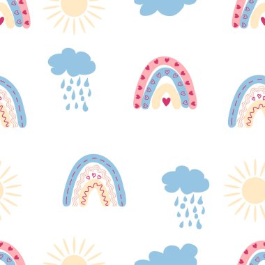 Gökkuşağı renklerinde pürüzsüz desen. İskandinav bebek eli çizimi tekstil ve yeni doğan kıyafetleri için mükemmel..