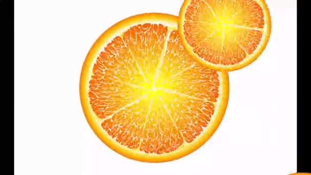 Saftige Grapefruitkreise drehen sich, erscheinen und verschwinden, fallen ins Wasser. Orange, rot, gelb, grüne Früchte — Stockvideo