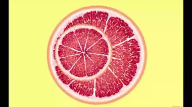 Sulu greyfurt daireleri döner, görünür ve kaybolur, suya düşer. Turuncu, kırmızı, sarı, yeşil meyve