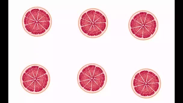 Saftige Grapefruitkreise drehen sich, erscheinen und verschwinden, fallen ins Wasser. Orange, rot, gelb, grüne Früchte — Stockvideo