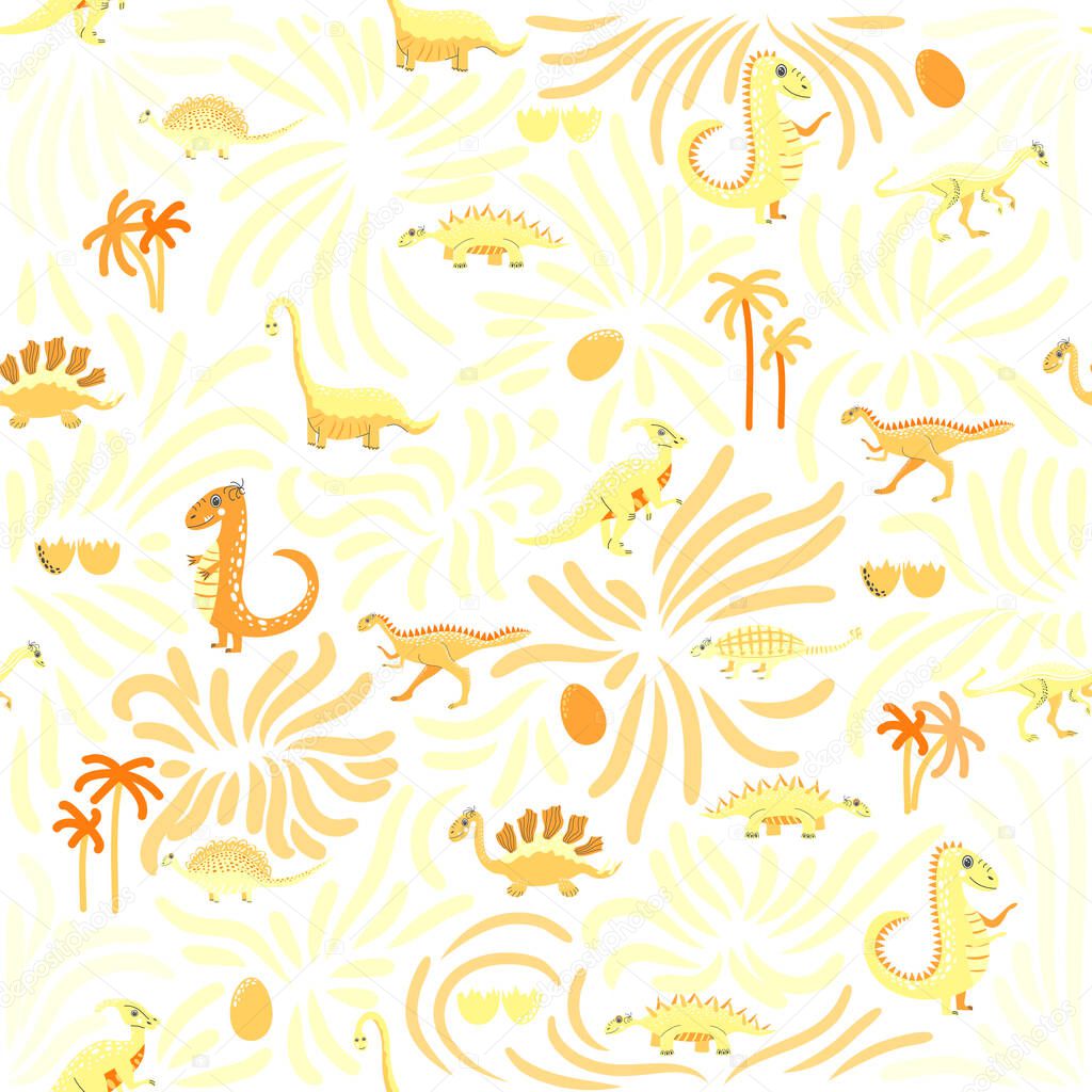 Cute dinosaurs seamless pattern. Solid pattern, shades of orange. Funny cartoon dinosaur