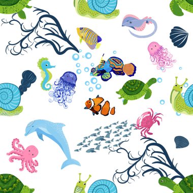 Deniz hayatı, balıklar, hayvanlar parlak, pürüzsüz desenler. Deniz yolculuğu, sualtı dalış yapan tropikal balıklar. Denizanası, balina, köpekbalığı, denizatı, palyaço balığı, yunus, kaplumbağa imparatoru balık ahtapot vatoz vatozu