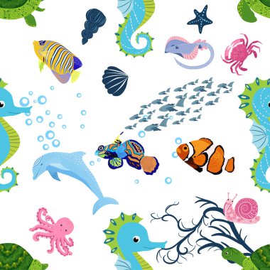 Deniz hayatı, balıklar, hayvanlar parlak, pürüzsüz desenler. Deniz yolculuğu, sualtı dalış yapan tropikal balıklar. Denizanası, balina, köpekbalığı, denizatı, palyaço balığı, yunus, kaplumbağa imparatoru balık ahtapot vatoz vatozu
