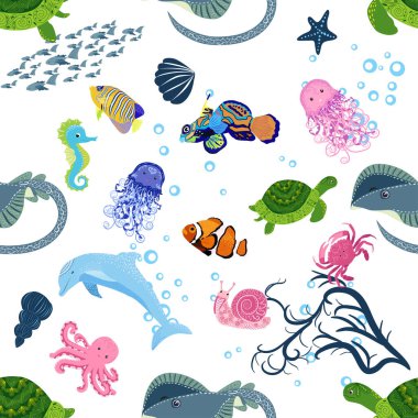 Deniz hayatı, balıklar, hayvanlar parlak, pürüzsüz desenler. Deniz yolculuğu, sualtı dalış yapan tropikal balıklar. Denizanası, balina, köpekbalığı, denizatı, palyaço balığı, yunus, kaplumbağa imparatoru balık ahtapot vatoz vatozu