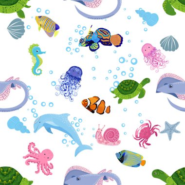Deniz hayatı, balıklar, hayvanlar parlak, pürüzsüz desenler. Deniz yolculuğu, sualtı dalış yapan tropikal balıklar. Denizanası, balina, köpekbalığı, denizatı, palyaço balığı, yunus, kaplumbağa imparatoru balık ahtapot vatoz vatozu