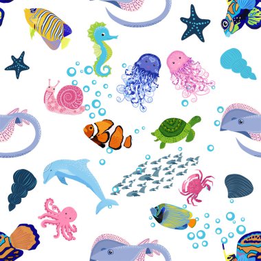 Deniz hayatı, balıklar, hayvanlar parlak, pürüzsüz desenler. Deniz yolculuğu, sualtı dalış yapan tropikal balıklar. Denizanası, balina, köpekbalığı, denizatı, palyaço balığı, yunus, kaplumbağa imparatoru balık ahtapot vatoz vatozu