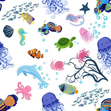 Deniz hayatı, balıklar, hayvanlar parlak, pürüzsüz desenler. Deniz yolculuğu, sualtı dalış yapan tropikal balıklar. Denizanası, balina, köpekbalığı, denizatı, palyaço balığı, yunus, kaplumbağa imparatoru balık ahtapot vatoz vatozu