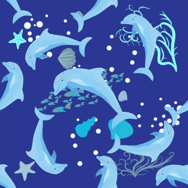 Yunus, deniz sakinleri kusursuz desen, deniz kabukları, algler, denizyıldızı, deniz yaban hayatı arasında güzel bir karakter..