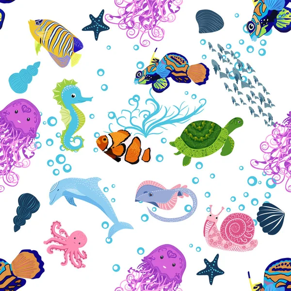 Deniz hayatı, balıklar, hayvanlar parlak, pürüzsüz desenler. Deniz yolculuğu, sualtı dalış yapan tropikal balıklar. Denizanası, balina, köpekbalığı, denizatı, palyaço balığı, yunus, kaplumbağa imparatoru balık ahtapot vatoz vatozu