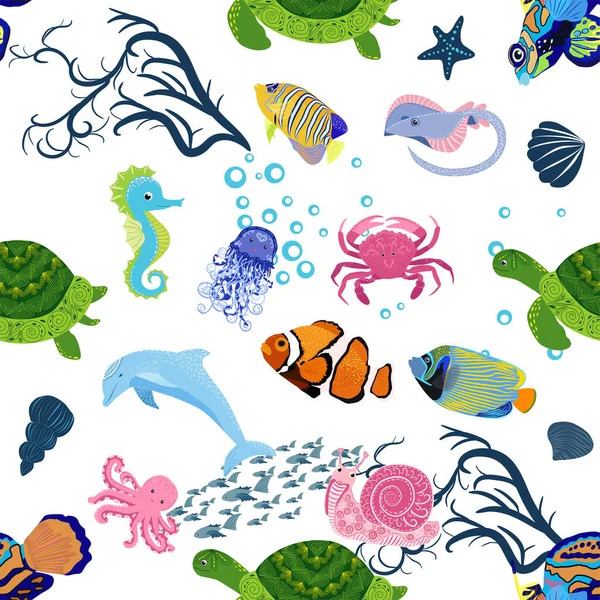 Морская Жизнь Рыба Животные Яркий Бесшовный Узор Морские Путешествия Подводное — стоковый вектор