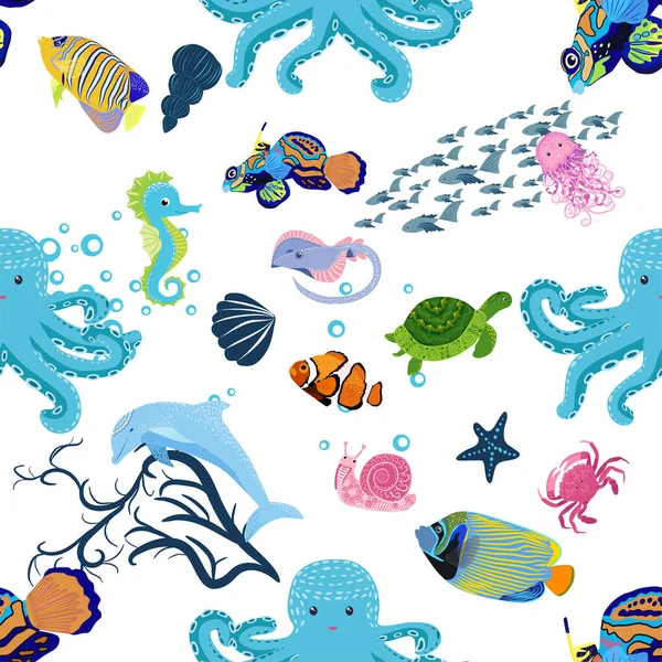 Marine Life Fish Animals Bright Seamless Pattern Sea Travel Underwater — Stock Vector