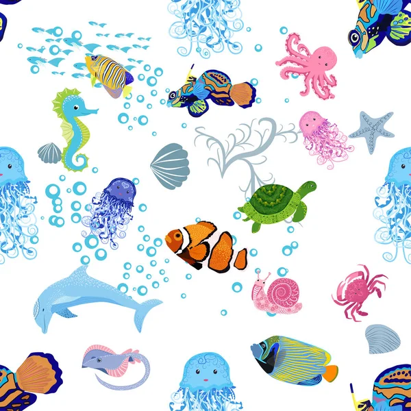 Vie Marine Poissons Animaux Motif Lumineux Sans Couture Voyage Mer — Image vectorielle