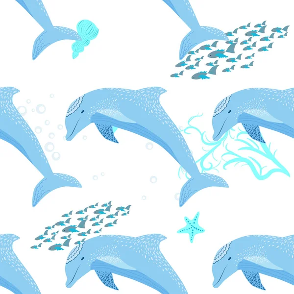 Дельфин Обитатели Моря Бесшовный Узор Красивый Характер Среди Раковин Водорослей — стоковый вектор