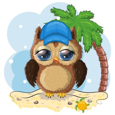 Plajda palmiye ağaçlı bir kepte tatil konseptinde baykuş gibi sevimli çizgi film karakteri.