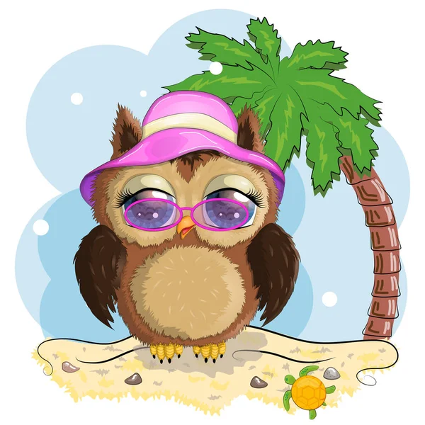 Baykuş gibi çizgi film karakteri tatil konseptinde Palmiye ağaçlı bir şapkayla