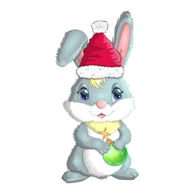 Noel Baba şapkalı şirin çizgi film tavşanı. Kış 2023, Noel ve Yeni Yıl.