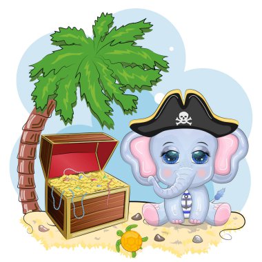 Elephant pirate, cartoon character of the game, wild animal in a bandana and a cocked hat with a skull, with an eye patch. Character with bright eyes and treasure chest