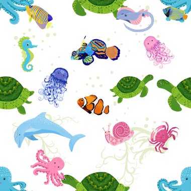 Deniz hayatı, balıklar, hayvanlar parlak, pürüzsüz desenler. Deniz yolculuğu, sualtı dalış yapan tropikal balıklar. Denizanası, balina, köpekbalığı, denizatı, palyaço balığı, yunus, kaplumbağa imparatoru balık ahtapot vatoz vatozu