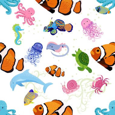 Deniz hayatı, balıklar, hayvanlar parlak, pürüzsüz desenler. Deniz yolculuğu, sualtı dalış yapan tropikal balıklar. Denizanası, balina, köpekbalığı, denizatı, palyaço balığı, yunus, kaplumbağa imparatoru balık ahtapot vatoz vatozu