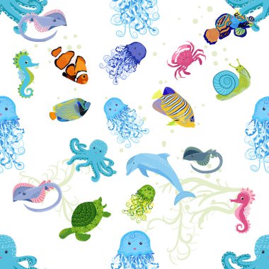Deniz hayatı, balıklar, hayvanlar parlak, pürüzsüz desenler. Deniz yolculuğu, sualtı dalış yapan tropikal balıklar. Denizanası, balina, köpekbalığı, denizatı, palyaço balığı, yunus, kaplumbağa imparatoru balık ahtapot vatoz vatozu