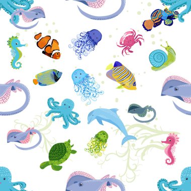 Deniz hayatı, balıklar, hayvanlar parlak, pürüzsüz desenler. Deniz yolculuğu, sualtı dalış yapan tropikal balıklar. Denizanası, balina, köpekbalığı, denizatı, palyaço balığı, yunus, kaplumbağa imparatoru balık ahtapot vatoz vatozu