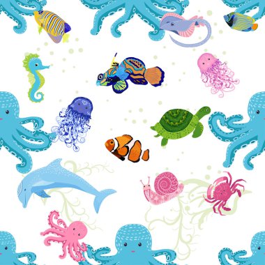 Deniz hayatı, balıklar, hayvanlar parlak, pürüzsüz desenler. Deniz yolculuğu, sualtı dalış yapan tropikal balıklar. Denizanası, balina, köpekbalığı, denizatı, palyaço balığı, yunus, kaplumbağa imparatoru balık ahtapot vatoz vatozu