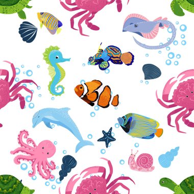 Deniz hayatı, balıklar, hayvanlar parlak, pürüzsüz desenler. Deniz yolculuğu, sualtı dalış yapan tropikal balıklar. Denizanası, balina, köpekbalığı, denizatı, palyaço balığı, yunus, kaplumbağa imparatoru balık ahtapot vatoz vatozu