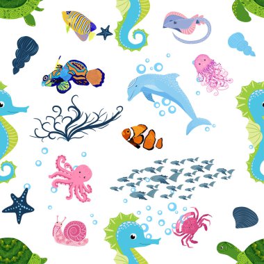 Deniz hayatı, balıklar, hayvanlar parlak, pürüzsüz desenler. Deniz yolculuğu, sualtı dalış yapan tropikal balıklar. Denizanası, balina, köpekbalığı, denizatı, palyaço balığı, yunus, kaplumbağa imparatoru balık ahtapot vatoz vatozu
