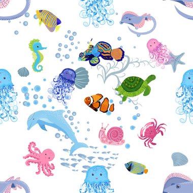 Deniz hayatı, balıklar, hayvanlar parlak, pürüzsüz desenler. Deniz yolculuğu, sualtı dalış yapan tropikal balıklar. Denizanası, balina, köpekbalığı, denizatı, palyaço balığı, yunus, kaplumbağa imparatoru balık ahtapot vatoz vatozu