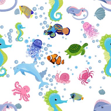 Deniz hayatı, balıklar, hayvanlar parlak, pürüzsüz desenler. Deniz yolculuğu, sualtı dalış yapan tropikal balıklar. Denizanası, balina, köpekbalığı, denizatı, palyaço balığı, yunus, kaplumbağa imparatoru balık ahtapot vatoz vatozu