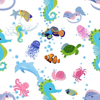 Deniz hayatı, balıklar, hayvanlar parlak, pürüzsüz desenler. Deniz yolculuğu, sualtı dalış yapan tropikal balıklar. Denizanası, balina, köpekbalığı, denizatı, palyaço balığı, yunus, kaplumbağa imparatoru balık ahtapot vatoz vatozu