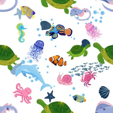 Deniz hayatı, balıklar, hayvanlar parlak, pürüzsüz desenler. Deniz yolculuğu, sualtı dalış yapan tropikal balıklar. Denizanası, balina, köpekbalığı, denizatı, palyaço balığı, yunus, kaplumbağa imparatoru balık ahtapot vatoz vatozu