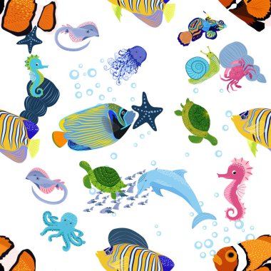Deniz hayatı, balıklar, hayvanlar parlak, pürüzsüz desenler. Deniz yolculuğu, sualtı dalış yapan tropikal balıklar. Denizanası, balina, köpekbalığı, denizatı, palyaço balığı, yunus, kaplumbağa imparatoru balık ahtapot vatoz vatozu