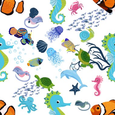 Deniz hayatı, balıklar, hayvanlar parlak, pürüzsüz desenler. Deniz yolculuğu, sualtı dalış yapan tropikal balıklar. Denizanası, balina, köpekbalığı, denizatı, palyaço balığı, yunus, kaplumbağa imparatoru balık ahtapot vatoz vatozu