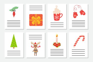 Noel seti ya da davetiye. Yeni yıl sembollü kartpostallar, Noel ağacı, kar taneleri, hediyeler, şeker kamışı, kızak ve daha fazlası..