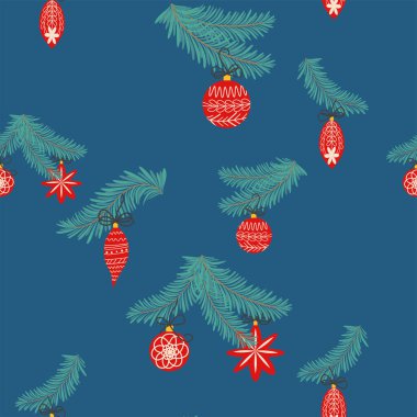 Köknar dallarıyla kusursuz noel şablonu. Süslü arka plan. Noel ve Noel oyuncakları ve hediyelerle dolu kusursuz yeni yıl şablonu. Moda retro biçimi