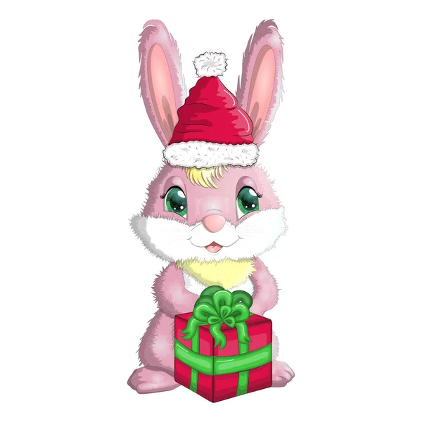 Cute Cartoon Rabbit Santa Hat Gift Winter 2023 Christmas New — Vector de stock