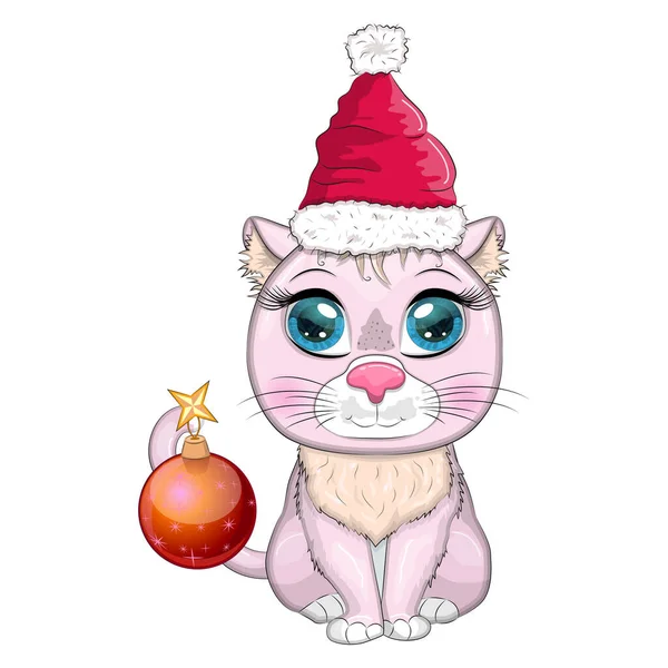 Cute Cartoon Cat Santa Hat Christmas Ball Winter 2023 Christmas — Wektor stockowy