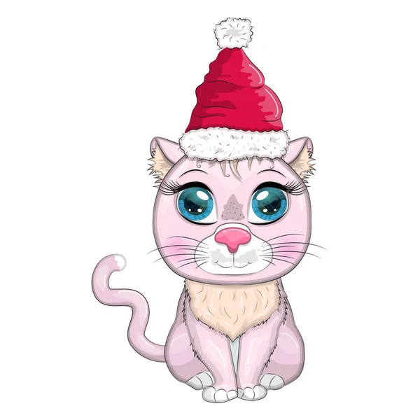 Mignon Chat Dessin Animé Dans Chapeau Père Noël Hiver 2023 — Image vectorielle