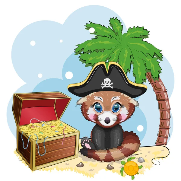 Kızıl panda korsanı, oyunun çizgi film karakteri, bandana takmış vahşi bir ayı ve göz bandı takmış kafatası olan bir horoz şapkası. Parlak gözlü ve hazine sandıklı bir karakter.