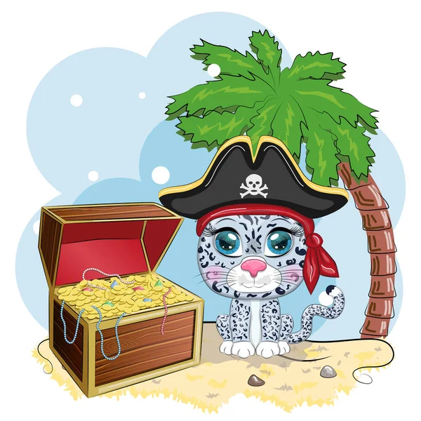 Kar leoparı korsanı, oyunun çizgi film karakteri, bandana takmış vahşi bir kedi ve kafataslı bir şapka, göz bandı. Parlak gözlü ve hazine sandıklı bir karakter.