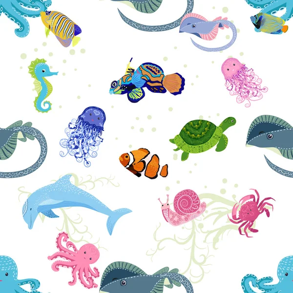 Deniz hayatı, balıklar, hayvanlar parlak, pürüzsüz desenler. Deniz yolculuğu, sualtı dalış yapan tropikal balıklar. Denizanası, balina, köpekbalığı, denizatı, palyaço balığı, yunus, kaplumbağa imparatoru balık ahtapot vatoz vatozu