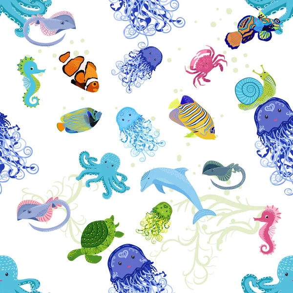 Deniz hayatı, balıklar, hayvanlar parlak, pürüzsüz desenler. Deniz yolculuğu, sualtı dalış yapan tropikal balıklar. Denizanası, balina, köpekbalığı, denizatı, palyaço balığı, yunus, kaplumbağa imparatoru balık ahtapot vatoz vatozu