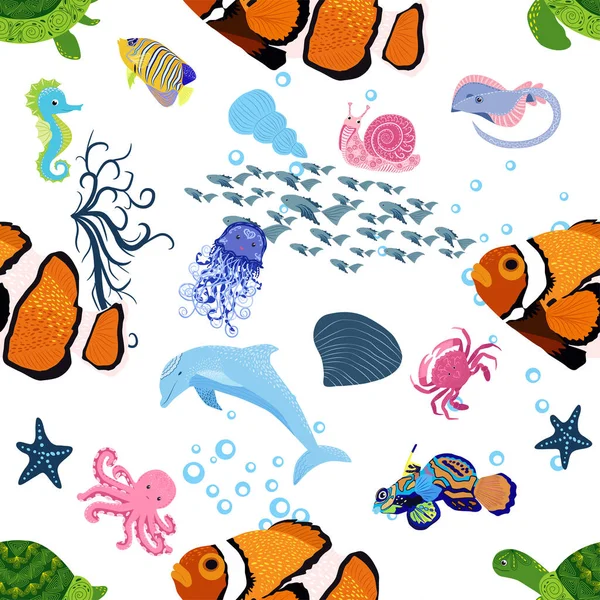 Marine Life Fish Animals Bright Seamless Pattern Sea Travel Underwater — Stock Vector